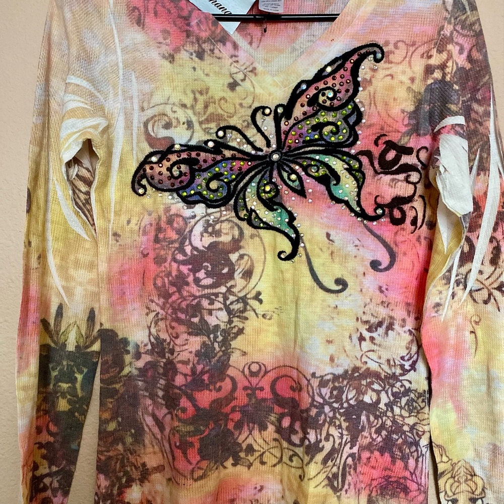 Spy Zone Exchange Butterfly Print Long Sleeve Tee - Multicolor